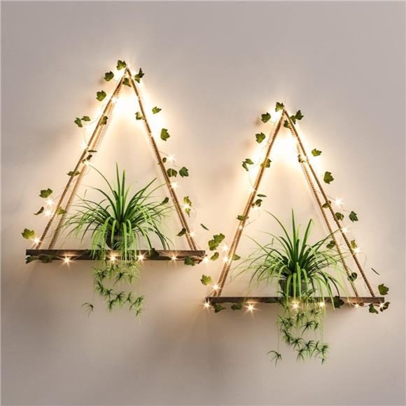 Set of 2 Ivy LED-Strip Wall Hanging Shelves Macrame Shelf Bedroom Bathroom Boho - Picture 1 of 12